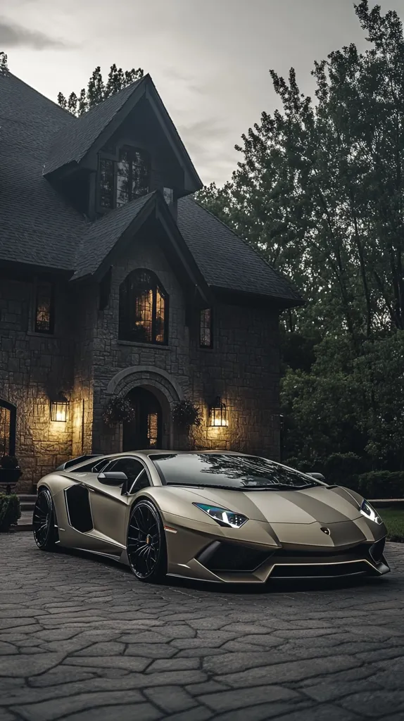 A sleek, metallic gold Lamborghini Aventador sits parked in the driveway of a grand stone house. The car's sharp lines and aggressive styling are accentuated by the soft lighting, while the house's dark roof and lush green trees provide a dramatic backdrop. The overall image evokes a sense of luxury and power.