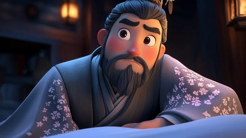 A close-up of a man with a long black beard and hair, wearing a grey and white patterned robe. He looks up with a somber expression, his large eyes filled with concern. The scene is set in a dimly lit room, suggesting a nighttime setting. The man's facial expression and the muted lighting create an atmosphere of seriousness and contemplation.