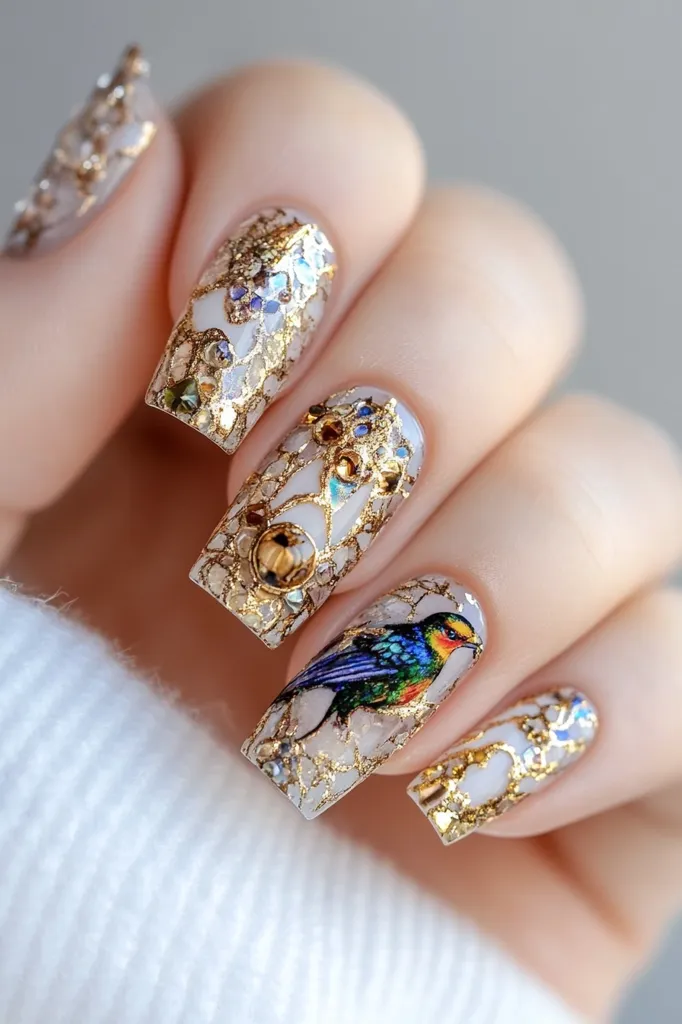 A hand with five nails painted with a beautiful design. The nails are all adorned with gold glitter and delicate patterns. One nail features a colorful bird with intricate detail. The background is a white, textured fabric. The image captures the beauty of nail art and the intricate details of the design.