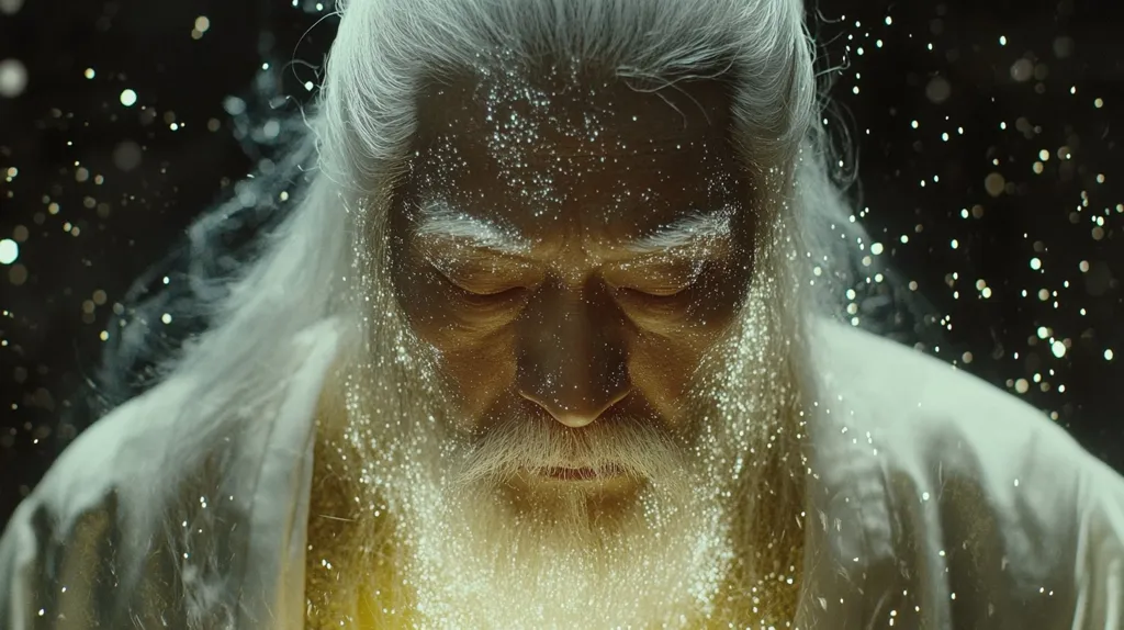 A close-up shot of an elderly man with long white hair and a beard, his eyes closed, his face illuminated by a soft glow. He is surrounded by a shower of small, shimmering particles. The image conveys a sense of peace, wisdom, and perhaps even spirituality.