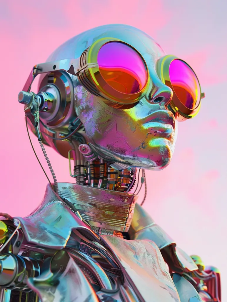 A metallic robot with iridescent skin and a futuristic aesthetic is depicted in the image. They wear large round sunglasses with a vibrant pink and orange gradient.  The robot's face is calm and composed, and they appear to be wearing headphones. The background is a soft pink gradient, adding to the futuristic and dreamy feel. The intricate details of the robot's metallic body and the vibrant colors create a sense of wonder and awe.