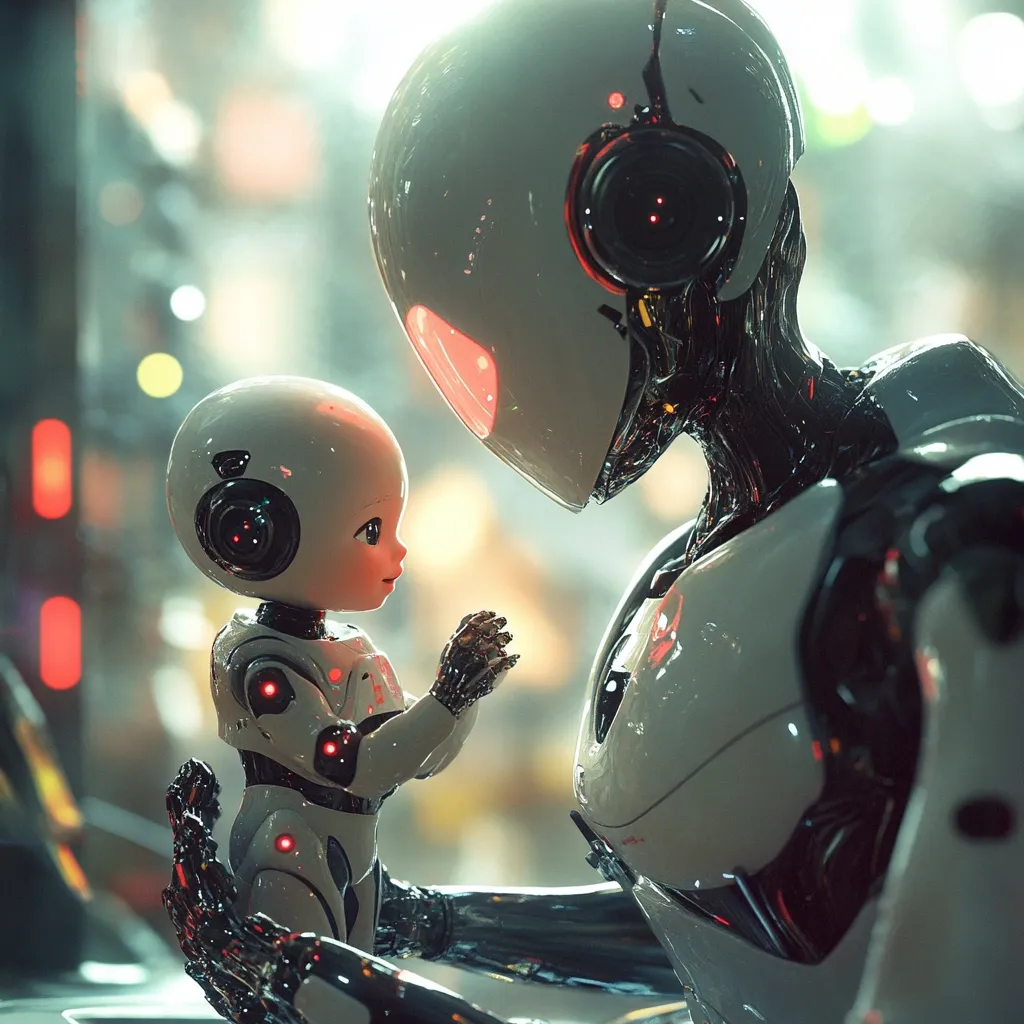 A large humanoid robot with a white helmet and chrome plating is holding a smaller robot with a similar design but more rounded features. The smaller robot is looking up at the larger one with a curious expression. Both robots have red glowing lights on their bodies. The image is set in an urban environment with a blurred background.