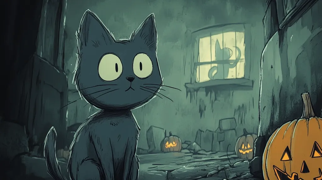 A black cat with wide eyes stands in a dimly lit room, looking out at a window where a shadowy figure can be seen.  Behind the cat are two jack-o-lanterns, and a larger one to the right.  The scene has a spooky Halloween feel.