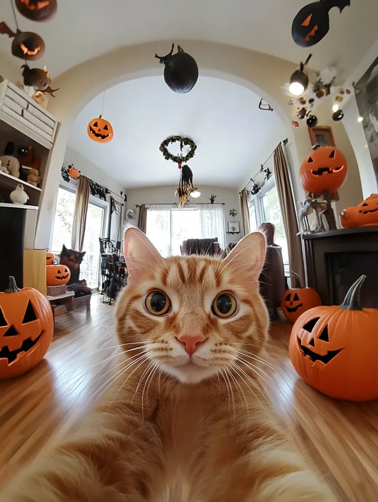 A ginger cat takes a selfie with its paws, its face filling the frame. It's surrounded by Halloween decorations, including jack-o'-lanterns and spooky ornaments hanging from the ceiling.  The cat's eyes are wide with a mischievous glint, and its expression is both playful and curious. The photo is taken with a wide-angle lens, creating a distorted perspective that adds to the whimsical feel of the image.  The overall impression is one of fun and festive Halloween spirit.