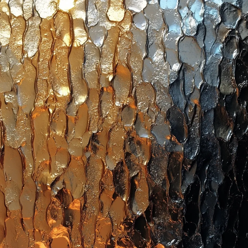 The image is an abstract close-up of a textured surface. The surface is divided into two sections: one is a warm gold color and the other is a cool silver color. The texture is made up of a series of overlapping, irregular shapes that create a sense of depth and dimension. The lighting is uneven, casting highlights and shadows on the surface. The image has a metallic and slightly industrial aesthetic.