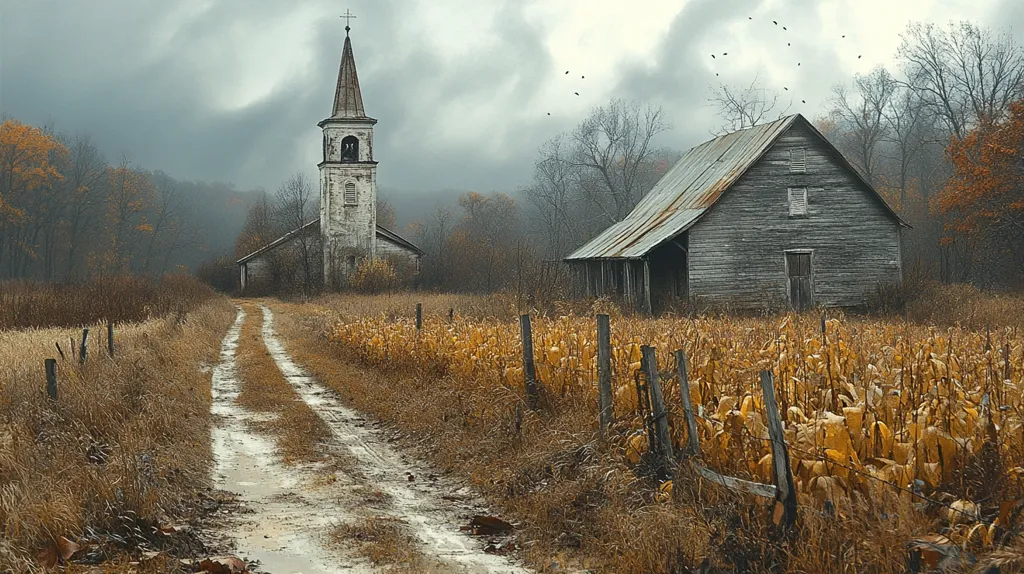 A weathered, wooden barn sits in a field of dried corn stalks. A dirt road leads to the barn, with a white, abandoned church in the background. The sky is overcast and the air is misty. The scene is evocative of a rural, forgotten place.
