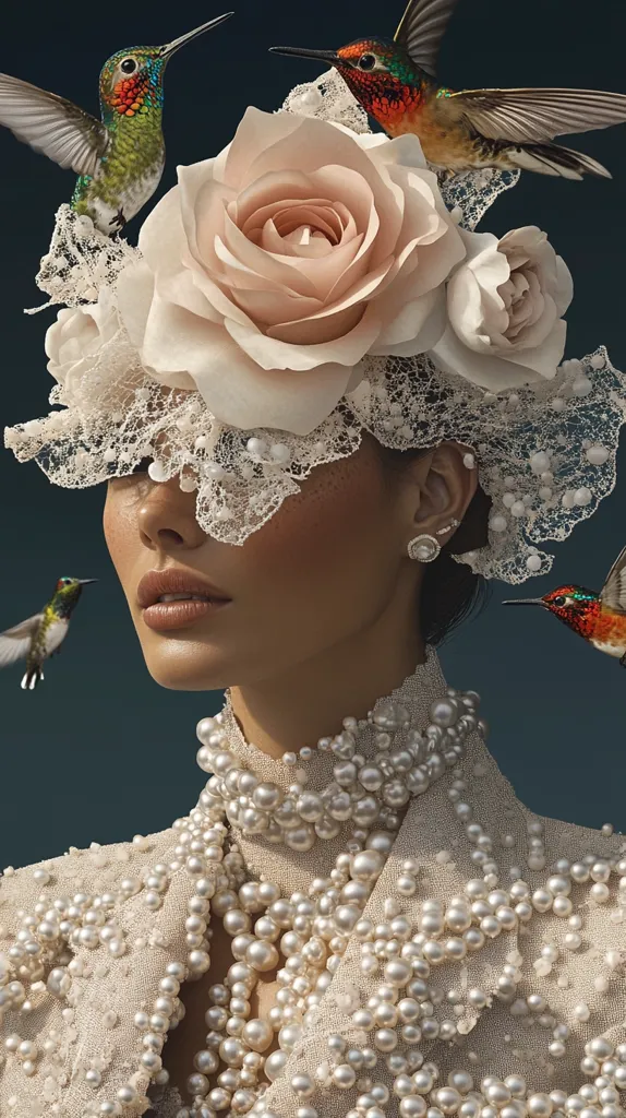 A woman with a delicate, ethereal beauty is adorned with a crown of roses and lace, creating a whimsical and elegant spectacle. The soft pastel hues of the flowers and lace complement her fair skin, while the delicate pearl necklace and earrings enhance her refined style. Two hummingbirds, one green and one red, add a touch of vibrant color and playful movement to the composition. The overall effect is one of timeless grace and exquisite charm.