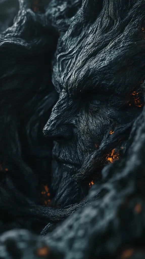 A close-up shot of a dark, textured, and ominous face, seemingly formed from a gnarled tree trunk. The texture of the face is rough and craggy, like bark, with hints of glowing embers peeking through.  The eye is piercing, and the overall tone is one of mystery and potential danger.