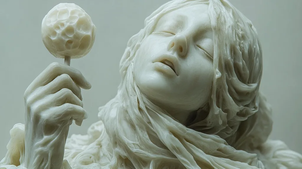 A white marble sculpture of a woman with her eyes closed, holding a round, textured object on a stick. The woman's hair is flowing and draped over her shoulders. The sculpture is detailed and realistic, capturing the delicate features of the woman's face. The light background emphasizes the sculpture's whiteness.