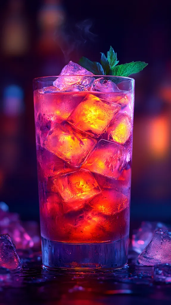 A tall glass filled with ice cubes and a red liquid sits on a table with scattered ice cubes. The drink is illuminated by a vibrant, purple and red light, creating a striking and colorful scene.  The image is full of contrast and is likely to be a representation of a night out or a party setting.