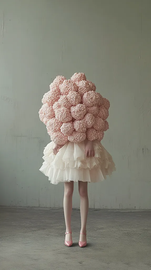 A woman in a white tulle skirt stands against a plain wall. Her head and upper torso are obscured by a large, pink, round mass of what appears to be small, fluffy spheres. She wears pink shoes with a strap around the ankle. The image has an ethereal, surreal quality.