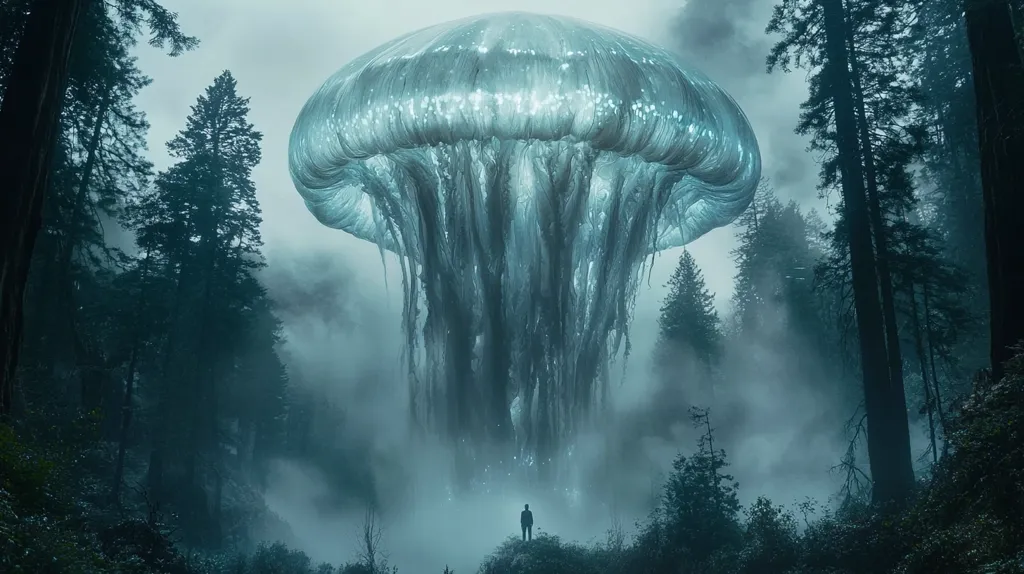 A large, bioluminescent, jellyfish-like creature hovers over a misty forest. Tall, dark trees surround the creature, which appears to be glowing from within. A single figure stands in the foreground, dwarfed by the size of the creature, looking up in awe or fear. The atmosphere is eerie and otherworldly.