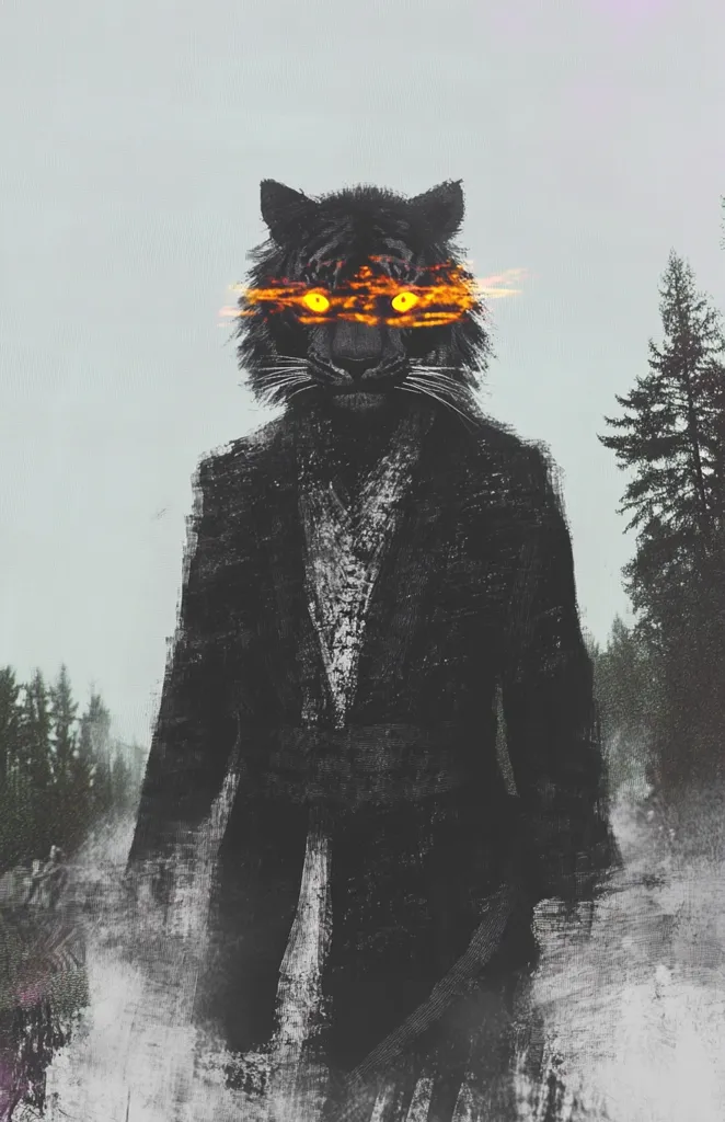 The image depicts a mysterious figure in a dark, blurred setting. The figure appears to be a humanoid with a tiger's head, with blazing orange eyes. It is standing in a forest, with tall trees and a foggy atmosphere creating a sense of mystery and intrigue. The figure is shrouded in darkness, with only its glowing eyes visible, adding to the eerie and otherworldly feel. The image evokes a sense of fear and wonder.