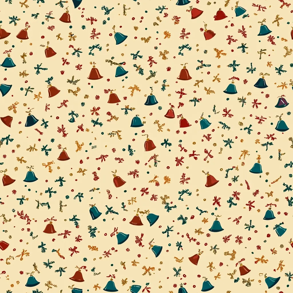 The image is a seamless pattern of red, blue, and green bells scattered randomly on a light cream background. There are also small red, gold, and white dots scattered throughout. The bells are drawn in a simple, hand-drawn style. The overall effect is festive and cheerful.