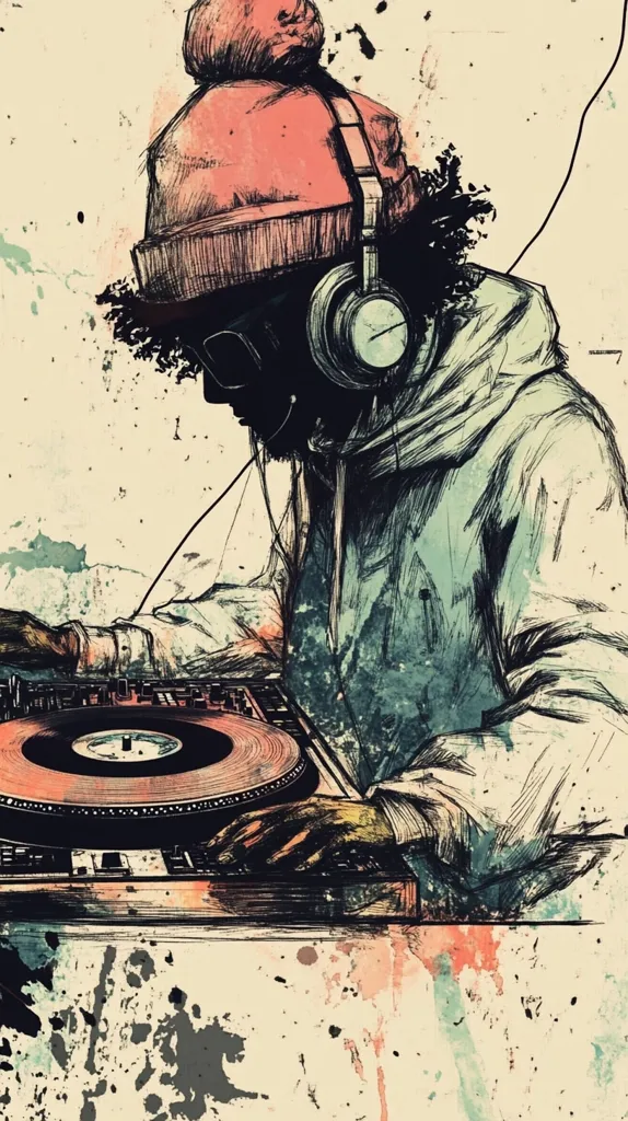 The image is a sketch of a person wearing a beanie and headphones, standing behind a DJ turntable. The person's face is obscured by the headphones, and their hand is reaching towards the turntable. The image is drawn in black and white with splashes of color, giving it a vintage aesthetic. The background is a light cream color with random paint splatters.