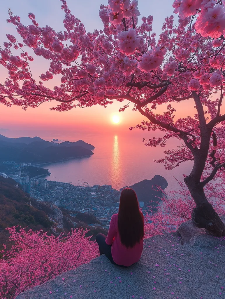 A woman sits on a cliff overlooking a city and a bay, framed by a vibrant pink cherry blossom tree. The sun sets in the distance, casting a warm glow over the landscape. Pink petals fall around the woman, creating a romantic and peaceful atmosphere. The image captures the beauty of nature and the tranquility of solitude.