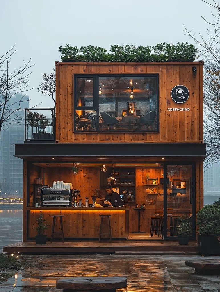 A small, wooden coffee shop with a green roof sits on a concrete patio. The shop has large windows that look into the interior, where a barista is preparing drinks behind a wooden counter. The shop has a sign with a logo that reads "COFFACTING." The patio is wet from rain and the shop has a rustic, industrial vibe.  The shop has a cozy and inviting atmosphere.
