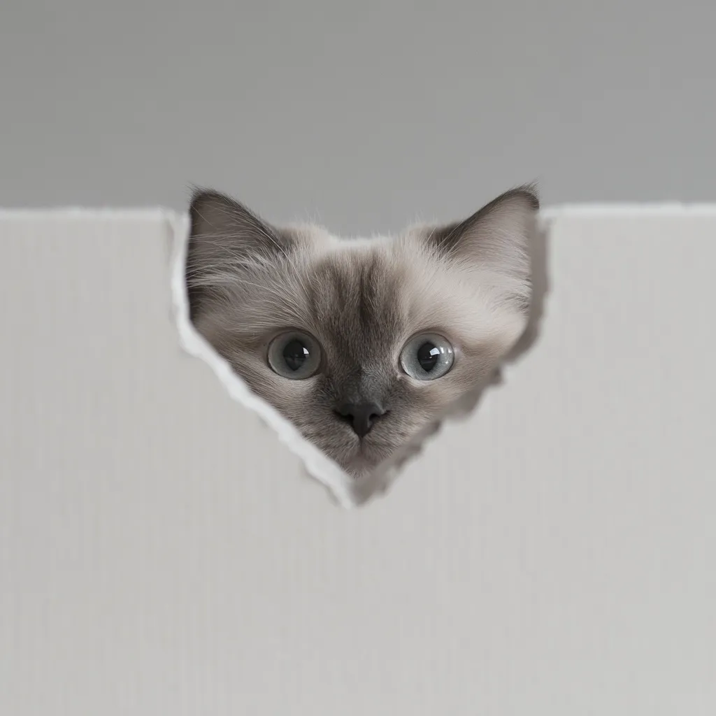 A fluffy, white and gray cat with big blue eyes peeks through a tear in a white surface.  The cat's face is centered in the hole, and its fur is soft and fluffy.  The cat's eyes are wide and innocent, and its nose is black and wet. The cat's expression is curious and playful. The background is a plain white surface.