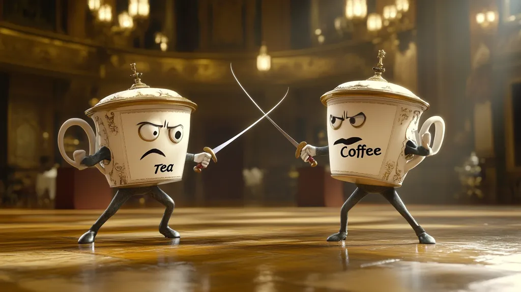 A teacup and a coffee cup, both with angry expressions, face each other in a duel. They hold swords in their hands, their expressions determined and fierce. The teacup is labeled "Tea" and the coffee cup is labeled "Coffee." The background is a warm, elegant room, with a sense of anticipation and rivalry in the air.