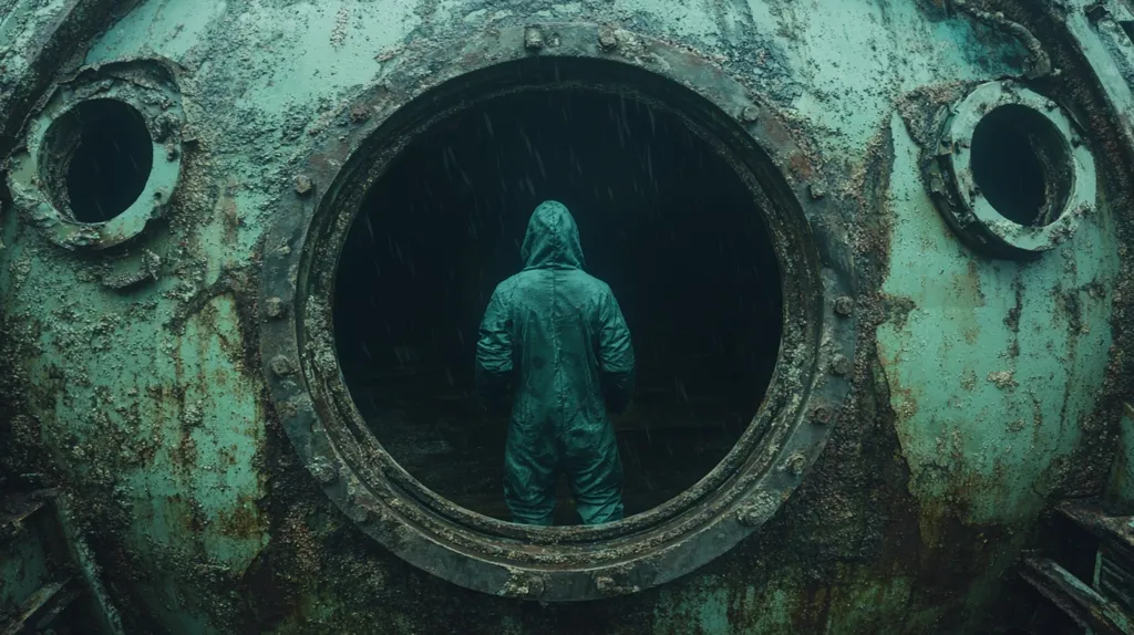 A person in a green hooded jumpsuit stands in a dark circular opening in a large green, metal structure. The structure is covered in rust and barnacles, suggesting it is old and weathered. The person appears to be looking out, perhaps at something beyond the frame. The image has a mysterious and eerie quality, with the dark interior of the opening adding to the sense of suspense.