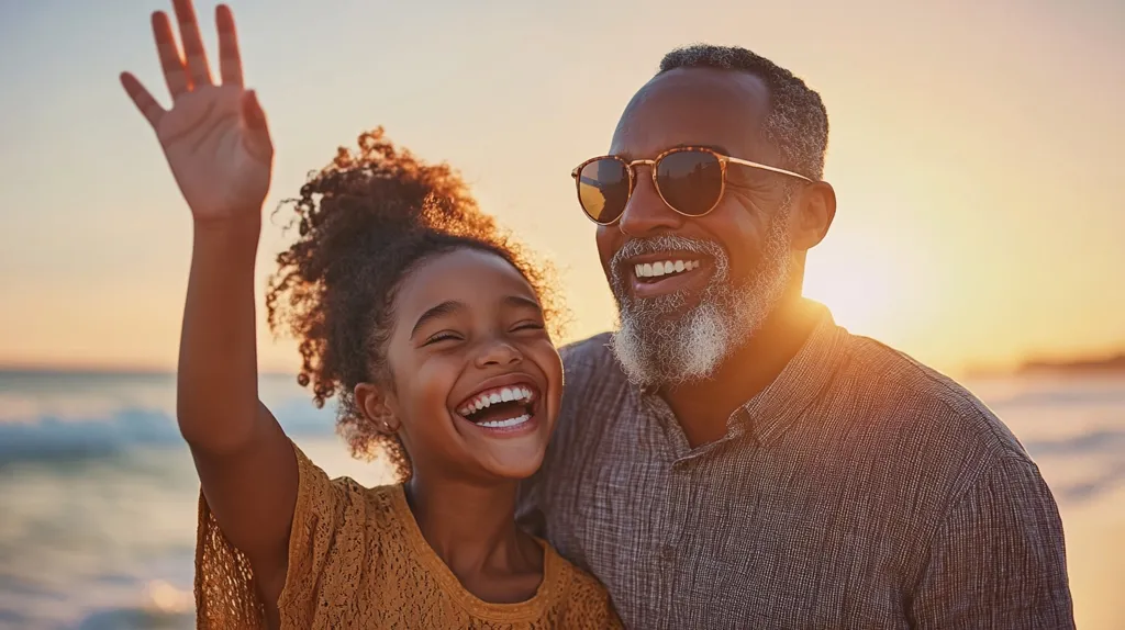A young girl with curly hair and a man with grey hair and a beard are laughing together on a beach at sunset. The girl is waving her hand in the air and the man is wearing sunglasses. They both appear to be enjoying themselves and having a great time. The background is a blurry image of the ocean and the setting sun. The overall mood of the image is happy and carefree.