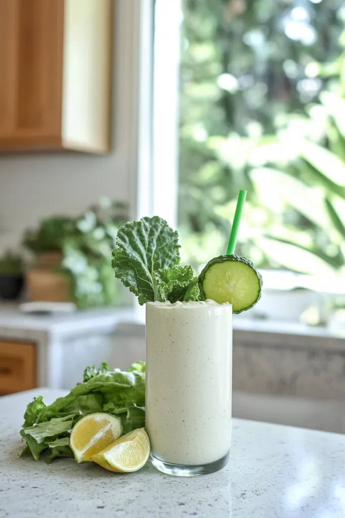 A tall glass of white smoothie sits on a white countertop.  A green straw sticks out of the top and is garnished with a cucumber slice and a sprig of kale.  Two lime wedges and a bowl of leafy greens are in the foreground.  A window with a blurred out green view is in the background.  The image is lit with natural light.