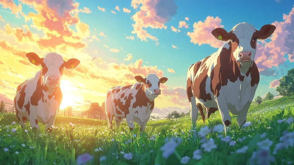 Three brown and white cows stand in a field of green grass and blue flowers under a bright, golden sunset. The sky is full of fluffy white and pink clouds. The cows are looking at the viewer with their big, gentle eyes. The image is peaceful and serene, creating a feeling of calm and tranquility.