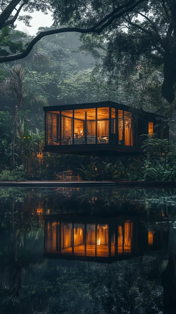 A modern, glass-walled cabin sits nestled within a dense, verdant forest. The cabin is illuminated from within, casting a warm glow against the dark, shadowy surroundings. A still pond reflects the cabin's light, creating a serene and tranquil atmosphere. Lush foliage and large trees frame the scene, creating a sense of isolation and peace.
