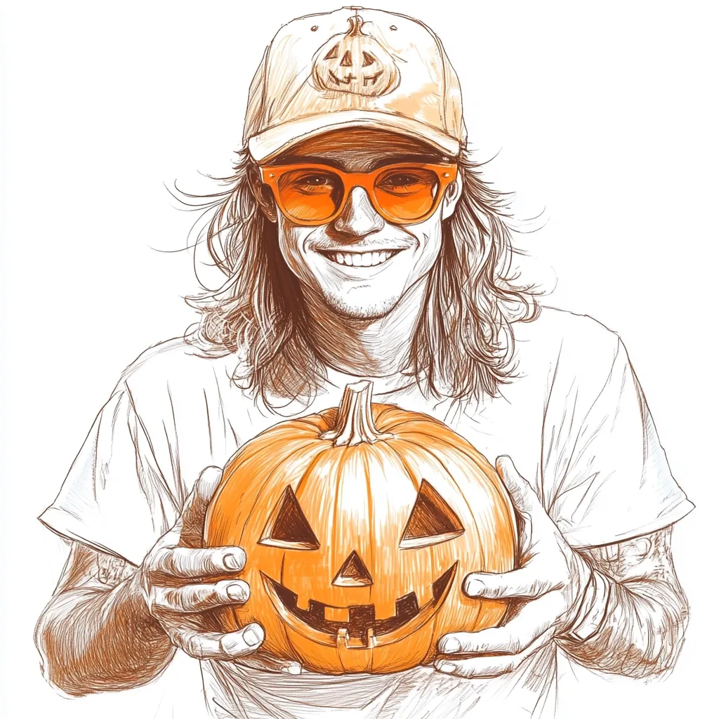 A man with long hair, wearing a baseball cap and orange sunglasses, is holding a jack-o'-lantern pumpkin in front of him. He is smiling and looking at the viewer. The drawing is done in a simple, sketchy style using brown and orange tones. The background is white.