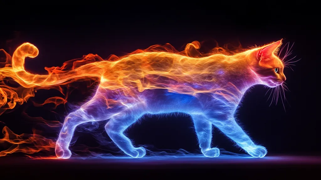 A cat, rendered in a digital art style, appears to be made of fire and smoke. The cat is walking on a dark background, and its body is a mix of orange and blue flames. The image is abstract and surreal, and it evokes feelings of both heat and coolness.