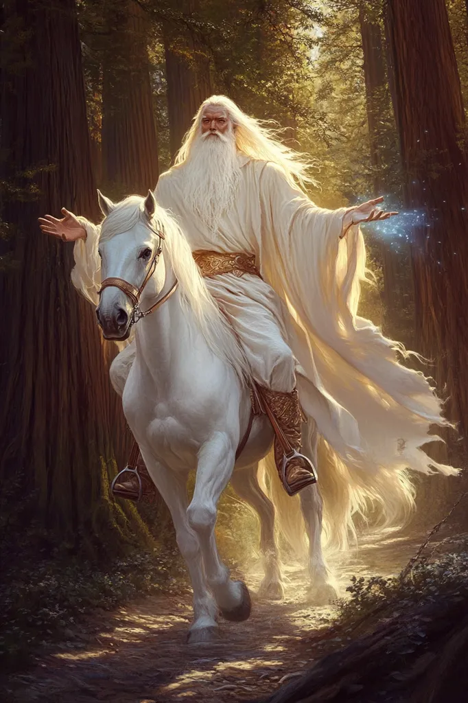 A long-bearded, white-robed wizard rides a white horse through a sun-dappled forest. His long white hair flows behind him as he raises his hand, casting a shimmering spell. The horse’s mane and tail are flowing in the breeze. Light shines through the trees, illuminating the scene. The wizard appears to be riding towards a distant horizon.