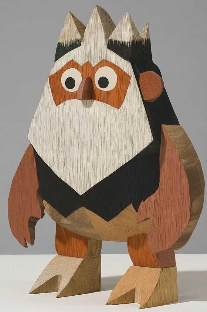 The wooden sculpture depicts a cartoon-like creature with a large white beard, big black eyes, and a black and orange mask. The creature has a blocky, geometric shape with a brown body, orange legs and feet, and a white head.  The sculpture is crafted with different types of wood and has a unique, stylized design. The creature's expression is friendly and playful.