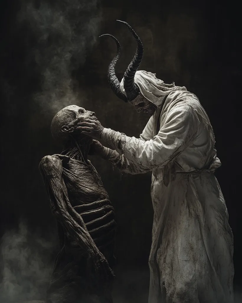 A demonic figure with horns and a white robe is touching the face of a skeletal creature. The scene is dark and smoky, creating an eerie and unsettling atmosphere. The contrast between the white robe and the skeletal figure emphasizes the darkness of the subject matter. The image evokes a sense of fear and the unknown.