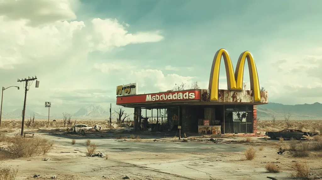 An abandoned, dilapidated fast food restaurant stands alone in a desolate desert landscape. The iconic golden arches remain, but the building is crumbling and overgrown with weeds.  The sky is overcast with fluffy white clouds, adding to the eerie atmosphere. A lone car sits in the distance, further emphasizing the sense of isolation and decay.