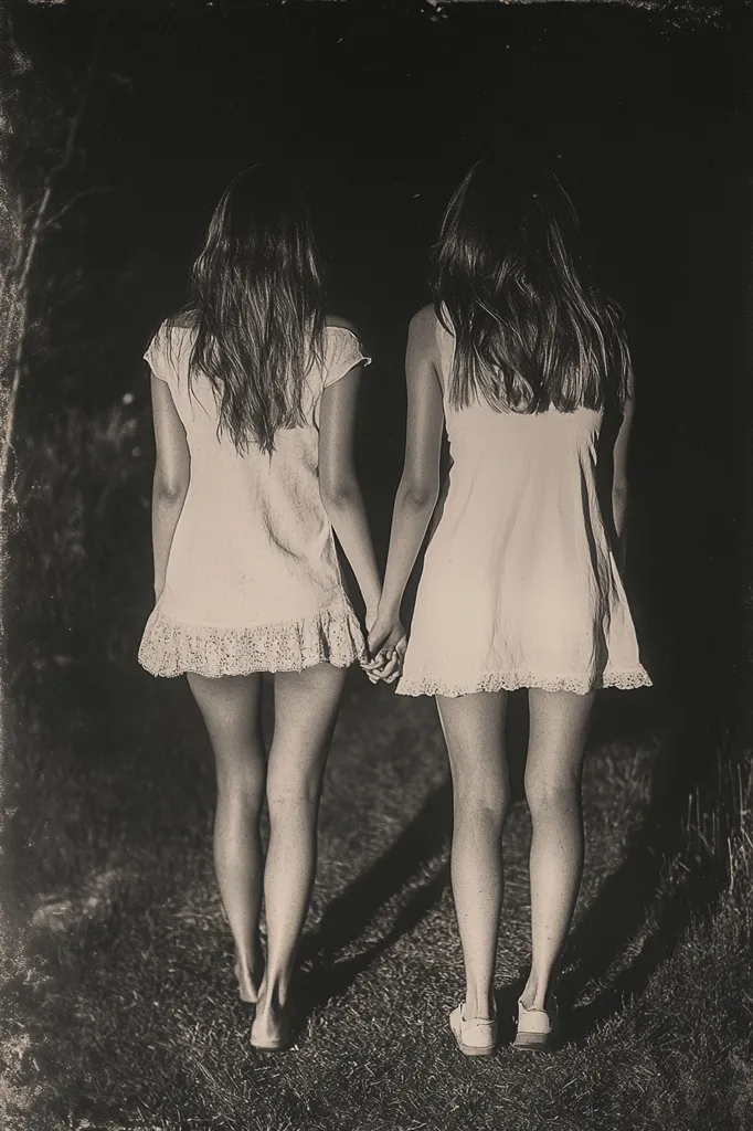 Two young women, dressed in white dresses, walk side by side, holding hands, in a dimly lit, outdoor setting. Their long hair flows down their backs, and their faces are obscured by the shadows.  The scene has a vintage, nostalgic feel, captured in a black and white photograph.
