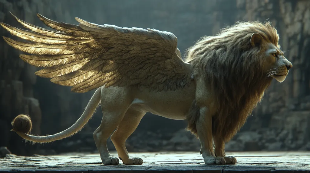A majestic lion with a thick mane stands on a stone surface. Its golden feathered wings are spread wide, casting a shadow over its powerful body. The lion's gaze is focused on something beyond the frame, exuding strength and nobility. The background suggests a rocky, ancient setting, adding to the mythical aura of the creature.