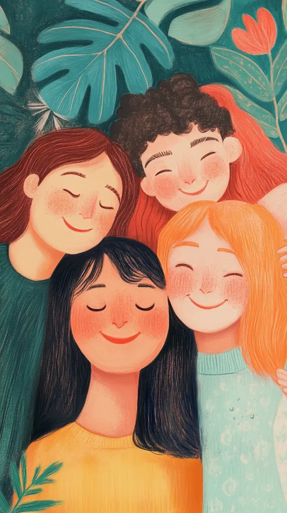 The illustration depicts four smiling friends, two women and two men, huddled together. The women have long hair and are dressed in brightly colored sweaters while the men have short hair, one of whom has on a red shirt and the other with a white shirt. The friends are posed in a way that suggests a sense of intimacy and closeness. The background is a blur of green foliage, hinting at an outdoor setting.