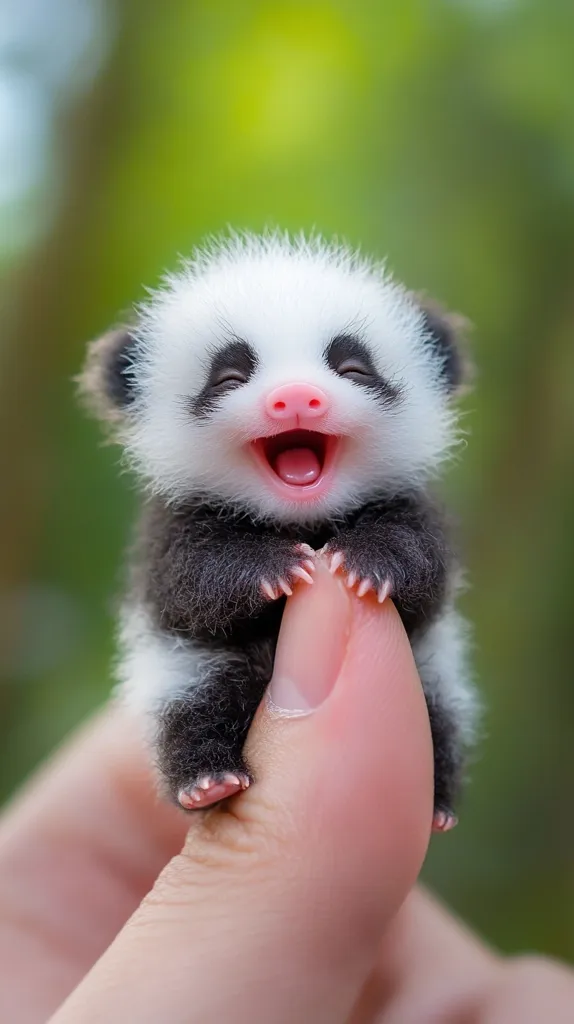 A tiny baby panda is being held in a person's hand. The panda is black and white, with big, dark eyes and a pink nose. It is smiling broadly, revealing its small teeth. Its paws are gripping onto the person's finger. The background is blurred and green. The panda looks very happy and playful.  The image is a close-up, emphasizing the panda's cuteness and small size.