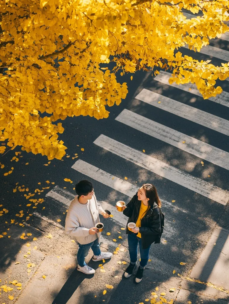A young couple stands on a crosswalk, surrounded by fallen yellow leaves. They are holding warm drinks in their hands and are smiling at each other. The bright yellow leaves create a beautiful contrast against the gray pavement and the couple's clothing. The scene captures the warm, cozy feeling of autumn and the joy of sharing a simple moment together.