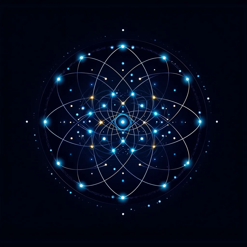 The image depicts a glowing, geometric pattern resembling a stylized atom. It consists of interconnected lines and dots that form a circular shape, with a central core of bright blue light. The lines are interwoven with other concentric circles and orbs, creating a sense of depth and complexity. The overall aesthetic is futuristic and technological, evoking concepts of energy, connection, and the interconnectedness of things.