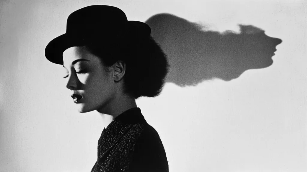 A black and white photograph of a woman wearing a hat. The woman's face is turned to the side and her eyes are closed. She is wearing a dark jacket. Her shadow, cast on the wall behind her, is visible and appears to be in the shape of a woman's head.  The photograph is simple and elegant, with a focus on the woman's profile. The lighting is soft and diffused, creating a sense of mystery and intrigue.
