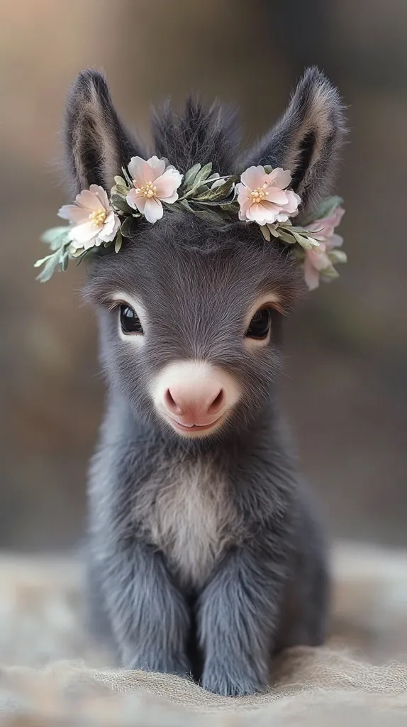 A sweet, gray baby donkey with large, dark eyes sits on a light brown surface, wearing a crown of delicate pink flowers. Its fluffy fur is soft and its expression is innocent and gentle. The background is blurred, focusing attention on the adorable donkey. The image evokes a sense of tenderness and wonder.
