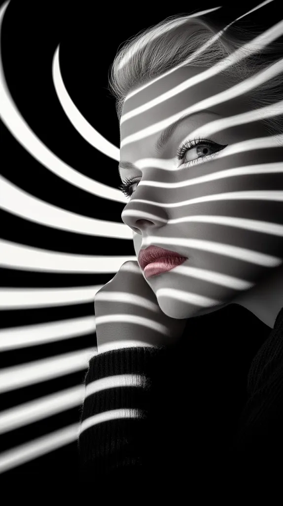 A black and white image of a woman's face partially obscured by horizontal stripes of light. The woman's face is in profile, and her lips are slightly parted. The background is a black and white striped pattern that creates a dramatic contrast. The image has a sense of mystery and intrigue.