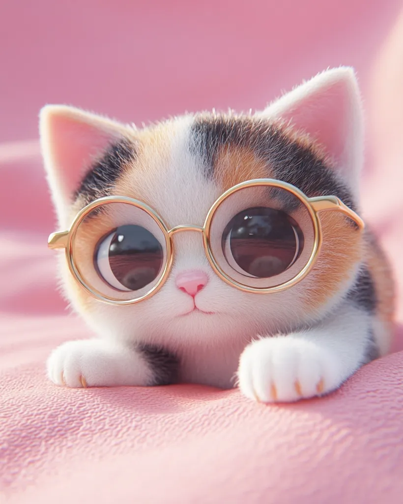 A cute, cartoonish cat with large, round eyes and a pink nose is wearing round, gold-rimmed glasses. The cat is lying on a pink surface with its paws extended. The cat's fur is a mix of white, black, and orange, and its expression is one of curiosity and sweetness.