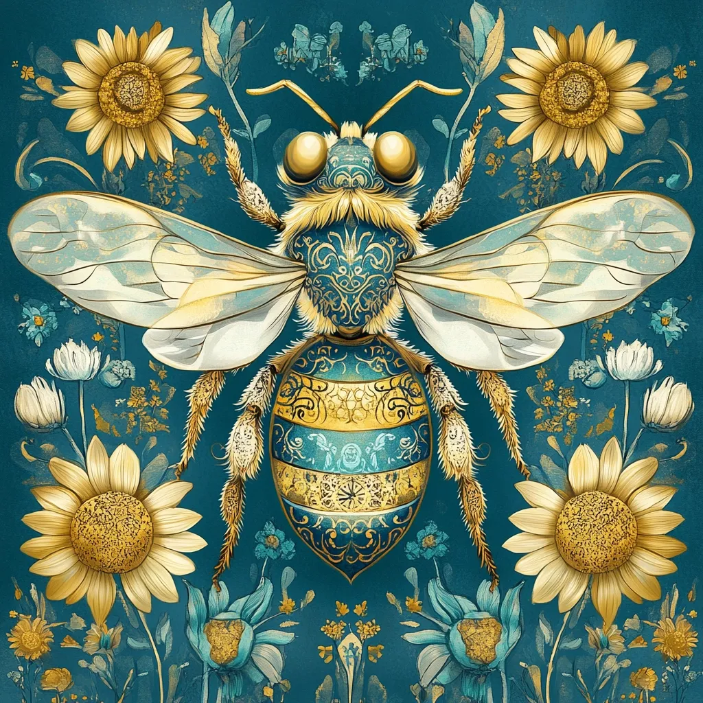 The image depicts a large, ornate bee with golden and blue markings, perched on a bed of teal-colored flowers. The bee has a textured, furry appearance, and intricate patterns adorn its wings and body. The flowers surrounding it are stylized and geometric, adding to the overall sense of elegance and detail. The background is a deep teal, providing a rich and contrasting backdrop for the vibrant bee and flowers.