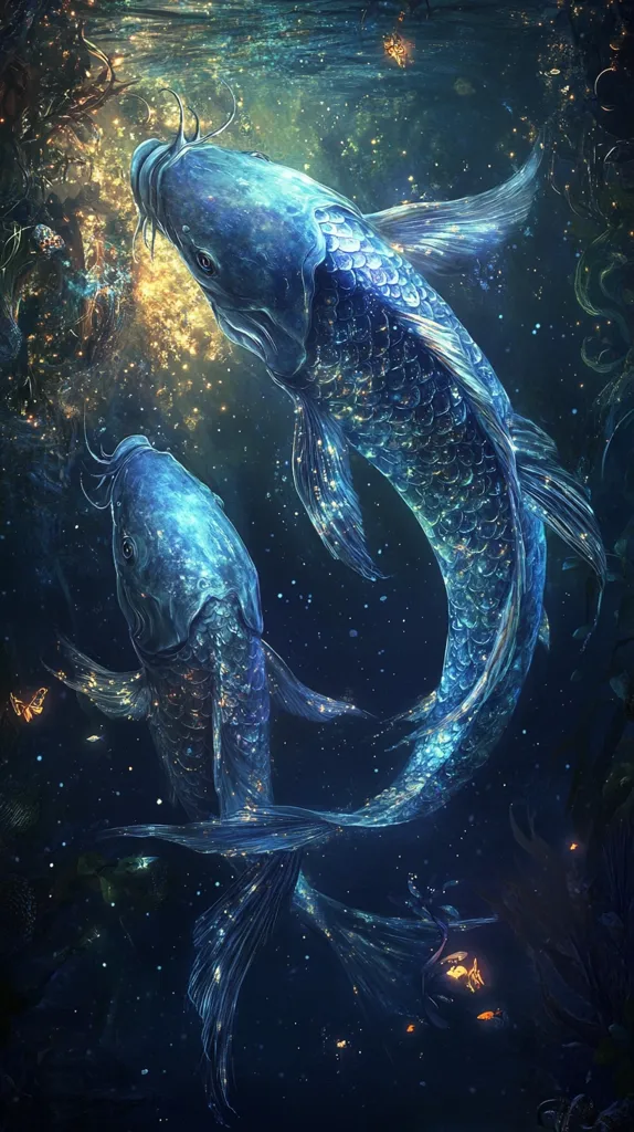 Two large, iridescent fish swim in a dark, underwater environment. The fish are glowing with an ethereal light, surrounded by shimmering particles. The background is dark blue, with hints of gold and green. The fish have long, flowing fins and tails, suggesting grace and movement. The overall atmosphere is dreamlike and magical.