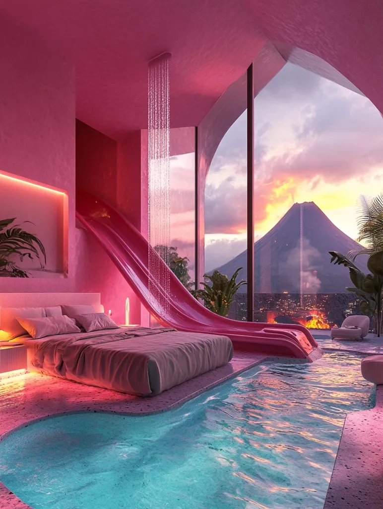 The image depicts a luxurious and futuristic bedroom with a vibrant pink color scheme. A large bed sits on a platform surrounded by a pool of water, creating a unique and relaxing atmosphere. A pink waterslide extends from the bed, leading into the pool.  A large window offers a stunning view of a cityscape and a majestic volcano with a fiery sunset in the background.  The room is adorned with sleek lighting and contemporary design elements, highlighting the opulent and dreamlike quality of the space.