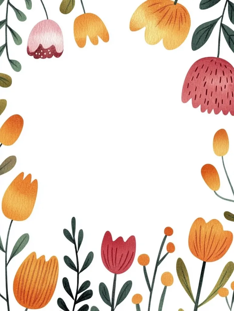 A watercolor illustration of a colorful floral border. It features pink, red, yellow, and orange flowers with green leaves. The flowers are arranged in a way to create a frame around a blank space. The illustration is done in a simple, minimalist style.