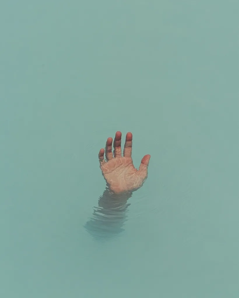 A single hand reaches up from the surface of the water. The water is a soft blue, creating a calming and serene atmosphere. The hand appears to be reaching for something, creating a sense of hope or desperation. The image evokes feelings of loneliness, isolation, and the struggle for survival.