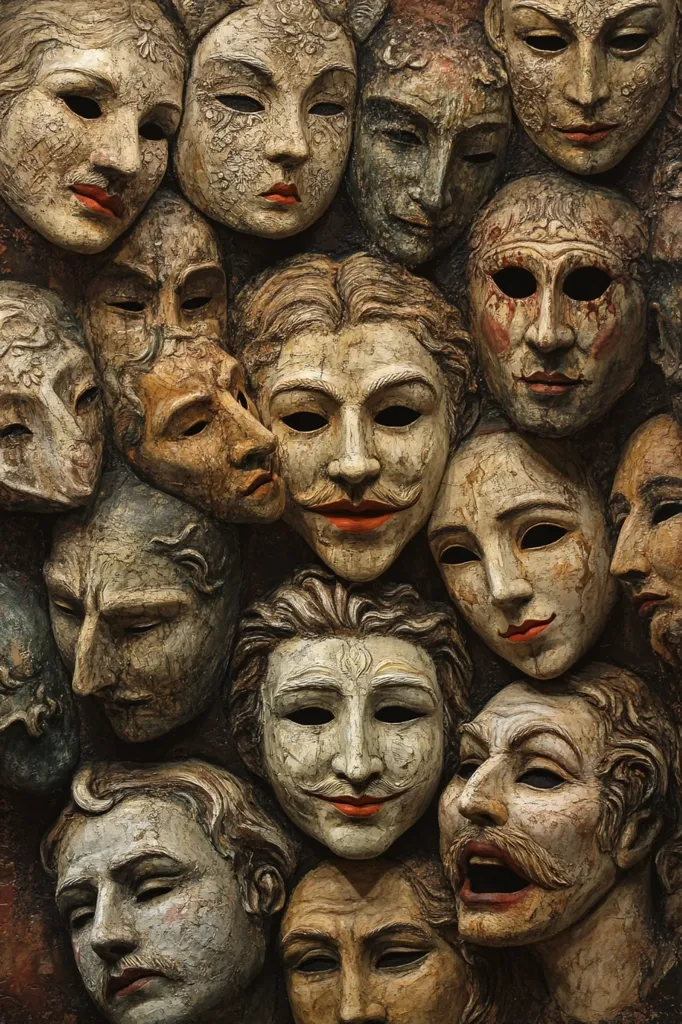 A close-up shot of a wall covered in masks, all with different expressions, each mask is made of a different material and has a unique style. They create a sense of mystery and intrigue, with their expressions ranging from serene to melancholic to mischievous. Some of the masks have painted eyes and mouths, while others are more naturalistic. The masks appear to be crafted from various materials, including wood, plaster, and fabric. They are arranged in a seemingly random order, creating a visually compelling and textured composition.